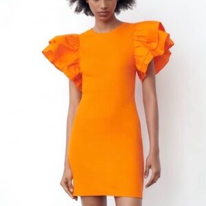 Zara Bright Orange Mini Dress with Ruffle Sleeves
